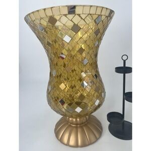PartyLite Gold Mosaic Hurricane P9902 12" Tall, Candle Holder Vase Decor